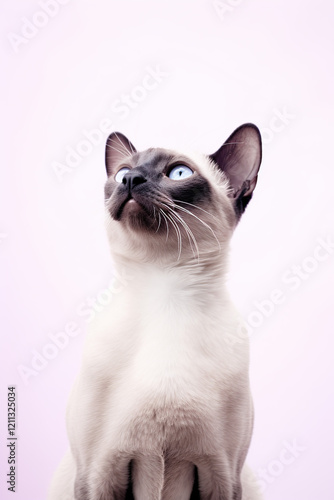 Beautiful Siamese cat with bright blue eyes on a white background.