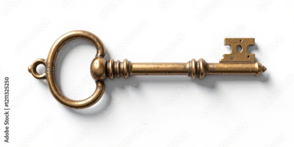 An Antique Brass Skeleton Key with Ornate Bow and Bit, Isolated on White Background An Antique Brass Skeleton Key with Ornate Bow and Bit, Isolated on White Background