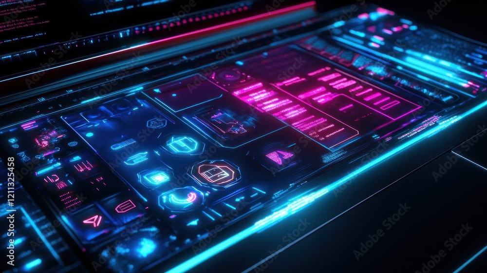 Fototapeta premium Neon Futuristic Laptop Interface: A Cyberpunk Digital Display