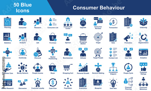 Consumer Behavior Icon Set Collection. Containing Planning, Consumer, Research, Upgrade, Consumer Reviews, Transaction, List, Attitude, Statistics, Analysis, Gift. Simple Blue Vector Illustration.