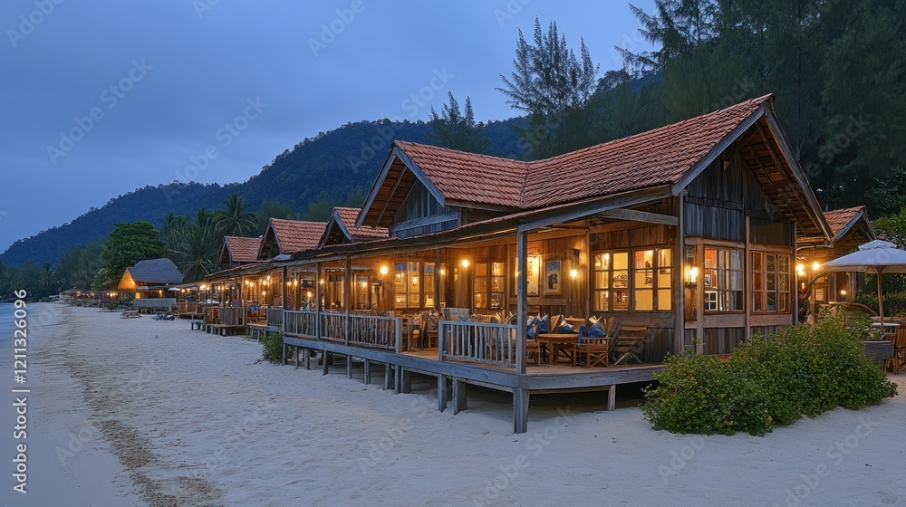 Naklejka premium Beachfront Bungalows at Dusk: Tranquil Island Getaway