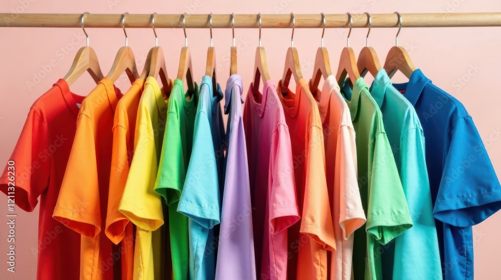 A Vibrant Collection of Colorful T-Shirts Hanging on Wooden Hangers, Displaying a Spectrum of Hues, Ready for Selection A Vibrant Collection of Colorful T-Shirts Hanging on Wooden Hangers, Displaying a Spectrum of Hues, Ready for Selection