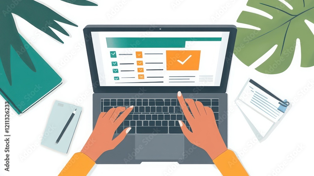 A person typing answers on an online business quiz on a laptop at a modern office. A person typing answers on an online business quiz on a laptop at a modern office.