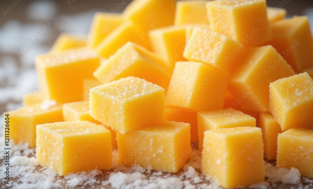 Close-up of vibrant yellow cheese cubes Close-up of vibrant yellow cheese cubes