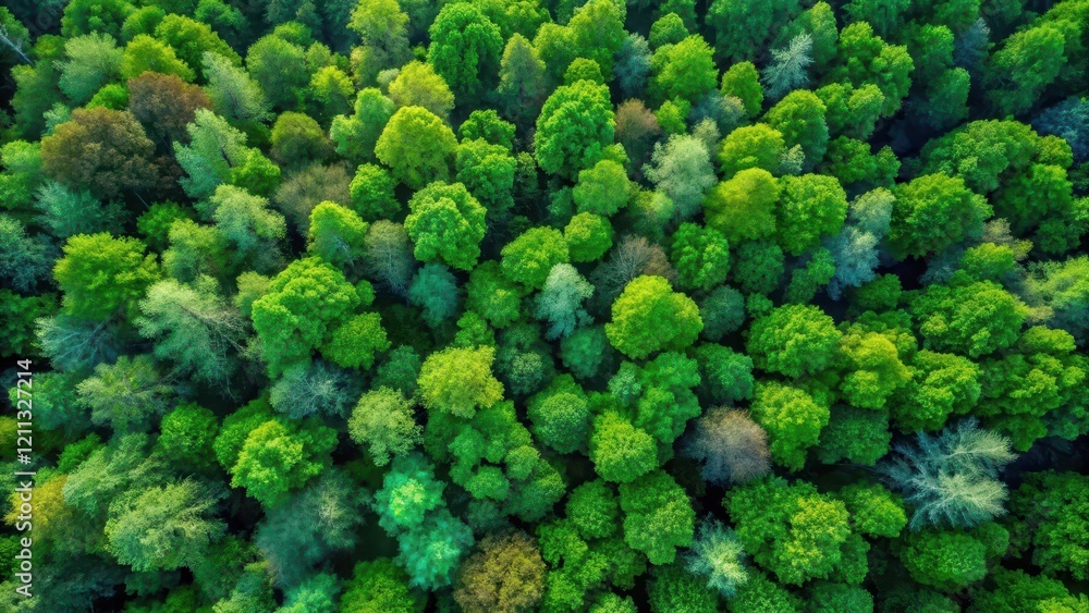 An Aerial View of a Lush Green Canopy of Trees in Full Bloom, Showing a Vibrant and Diverse Ecosystem from a High Altitude Perspective An Aerial View of a Lush Green Canopy of Trees in Full Bloom, Showing a Vibrant and Diverse Ecosystem from a High Altitude Perspective