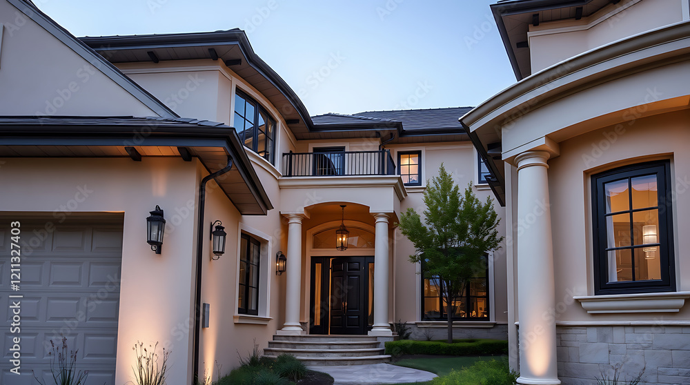 Obraz premium Luxury Home Exterior: Modern Architectural Design, Elegant Facade, Grand Entrance, and Night View