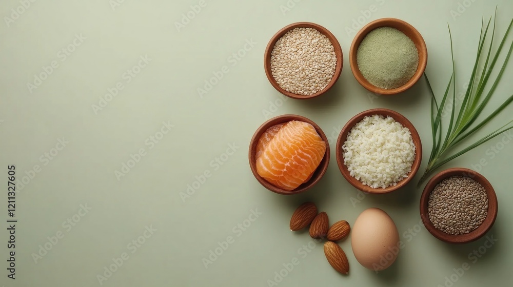 A collection of food ingredients arranged in bowls, including salmon, rice, and nuts. A collection of food ingredients arranged in bowls, including salmon, rice, and nuts.