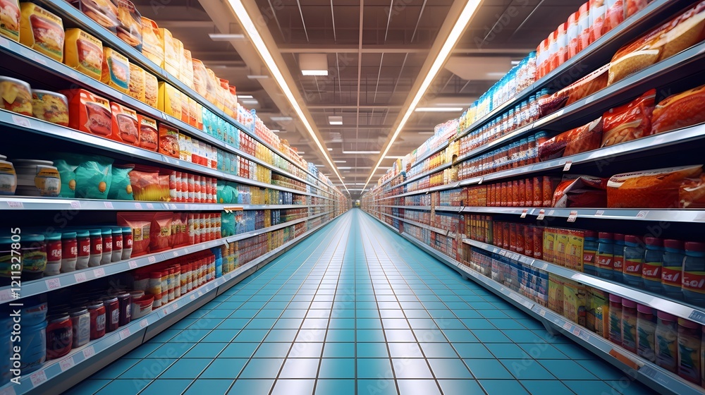 A wide angle shot of a supermarket aisle filled with a vibrant and diverse array of consumer products goods and merchandise on neatly organized shelves A wide angle shot of a supermarket aisle filled with a vibrant and diverse array of consumer products goods and merchandise on neatly organized shelves