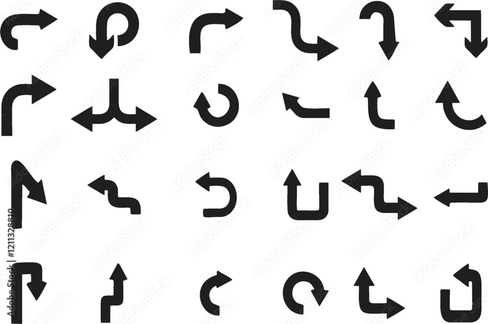 Multiple style and turn Arrow set isolated on white background. Traffic turn symbols and Direction Icons. Graphic design help for poster, banner, flyer or sticker. Online video games designing. EPS 10