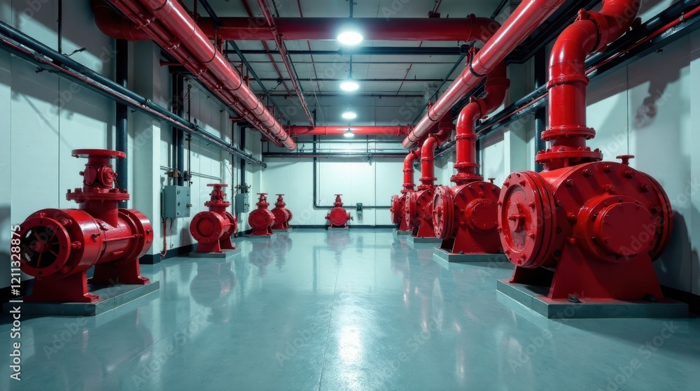 Naklejka premium A Modern Industrial Facility's Interior Showing Rows of Bright Red Fire Suppression Pumps and Extensive Piping Systems