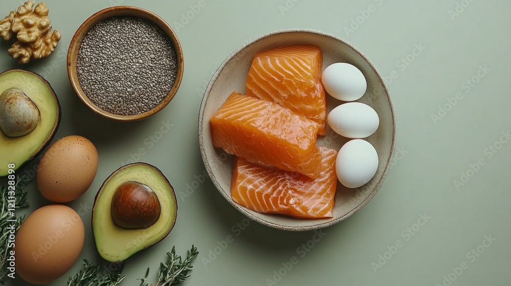 A bowl of salmon, eggs, and chia seeds with avocados and walnuts, promoting healthy eating. A bowl of salmon, eggs, and chia seeds with avocados and walnuts, promoting healthy eating.