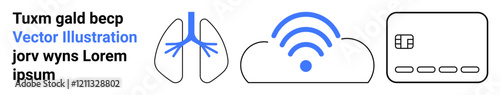 Lungs diagram, wireless signal on cloud, credit card vector images. Ideal for medical tech, digital health, wireless connectivity, online banking, fintech, smart healthcare remote monitoring