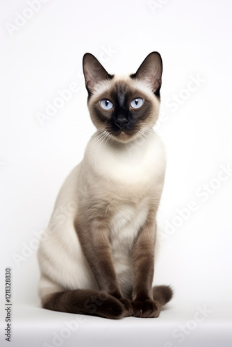 Beautiful Siamese cat with bright blue eyes on a white background.