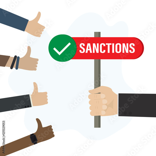 Politician or businessman hand holds sign with inscription - Sanctions. Citizens raising hands in approval or like gesture. Economic, financial and political sanctions,
