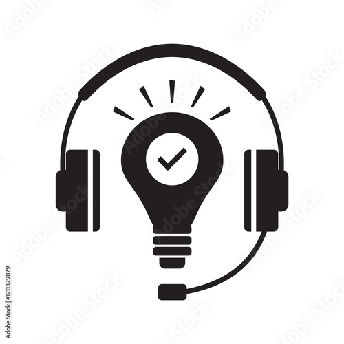 Technical support, advice and service by phone or online. Headphone icon with microphone and light bulb. Support, solution and customer assistance operator.