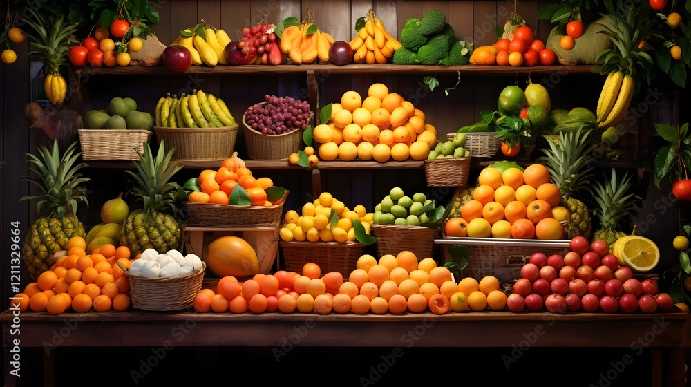 Neatly Arranged Vibrant Fruit Section Featuring Oranges Apples and Bananas on Display in a Grocery Store or Market Setting Neatly Arranged Vibrant Fruit Section Featuring Oranges Apples and Bananas on Display in a Grocery Store or Market Setting