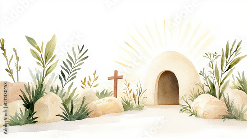 Peaceful watercolor depiction of an empty tomb and cross at sunrise