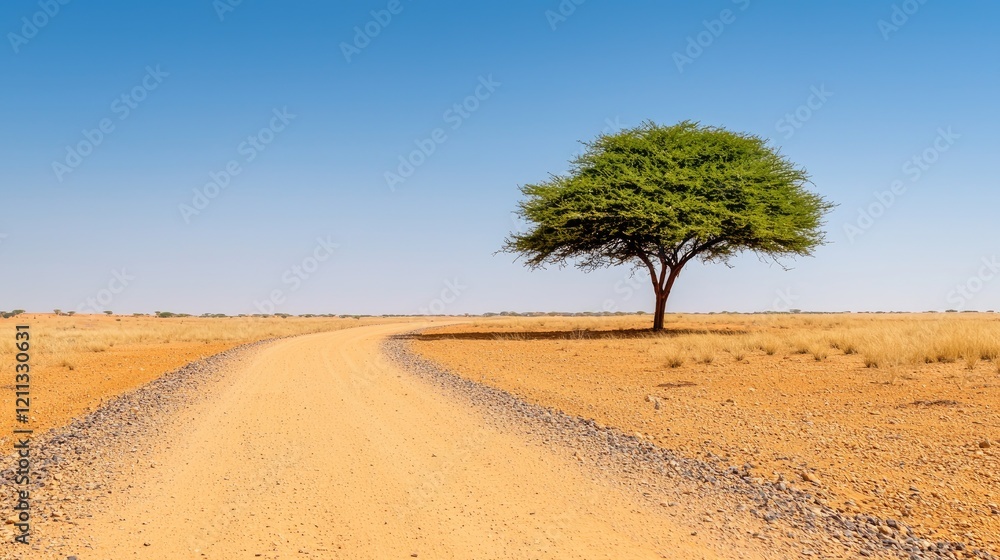 Lonely tree on desert road, clear sky, travel photography Lonely tree on desert road, clear sky, travel photography