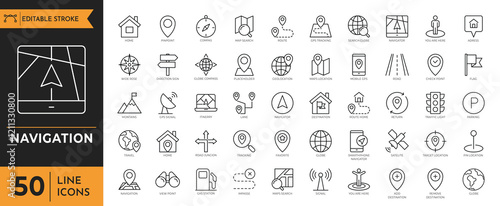 Navigation icon set. Containing address, map, map pin, gps, destination, directions, distance, pace, navigation and more. Vector illustration