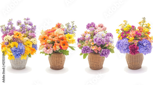 Colorful Flowers in Baskets on White Backdrop Generative AI