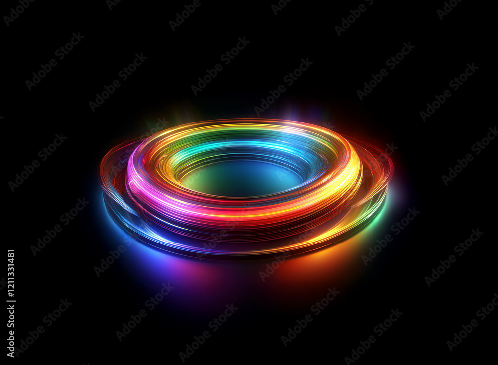 Vibrant, glowing rainbow rings intersect, creating a mesmerizing, abstract light display against a stark black background. The rings appear to be three-dimensional and reflective, emitting a radiant g Vibrant, glowing rainbow rings intersect, creating a mesmerizing, abstract light display against a stark black background. The rings appear to be three-dimensional and reflective, emitting a radiant g
