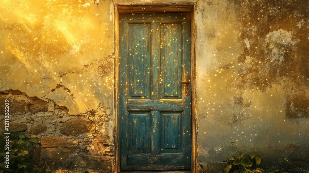 A weathered blue door on an old wall, surrounded by glowing particles, evoking a magical ambiance. A weathered blue door on an old wall, surrounded by glowing particles, evoking a magical ambiance.