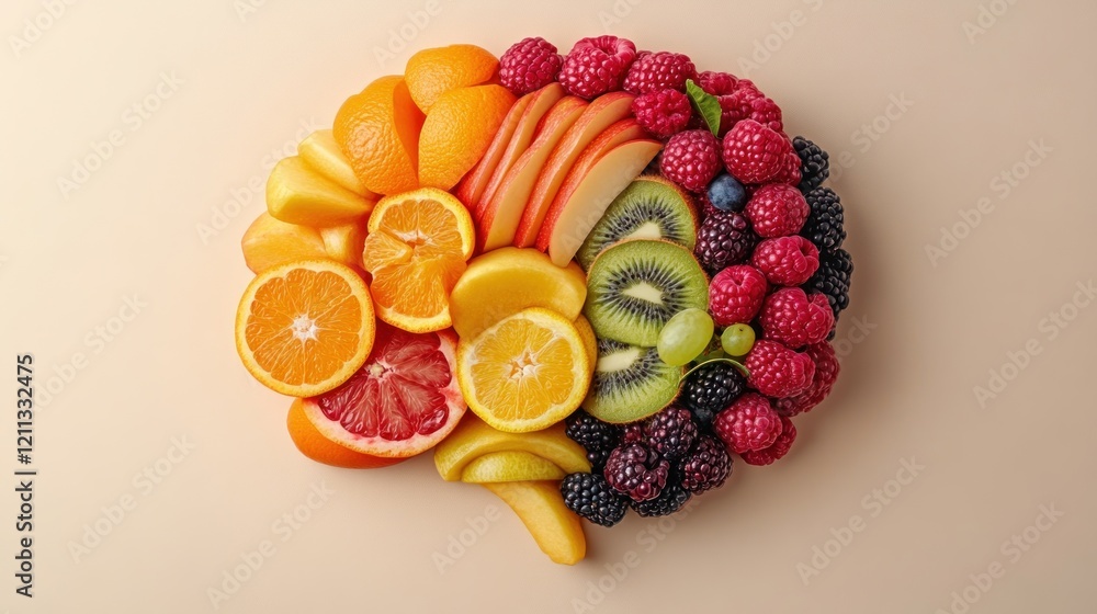 A colorful arrangement of fruits shaped like a brain, symbolizing health and nutrition. A colorful arrangement of fruits shaped like a brain, symbolizing health and nutrition.