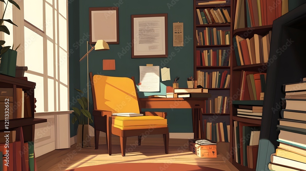 A cozy corner of a home office with a comfy chair, a small desk, and a stack of books A cozy corner of a home office with a comfy chair, a small desk, and a stack of books