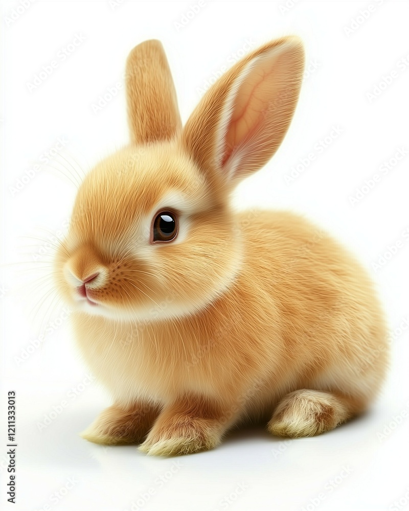 Fototapeta premium A cute brown rabbit sitting on the ground, against a white background.