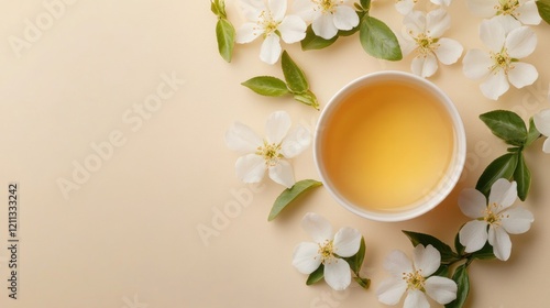 A cup of tea surrounded by white flowers and green leaves on a soft background.