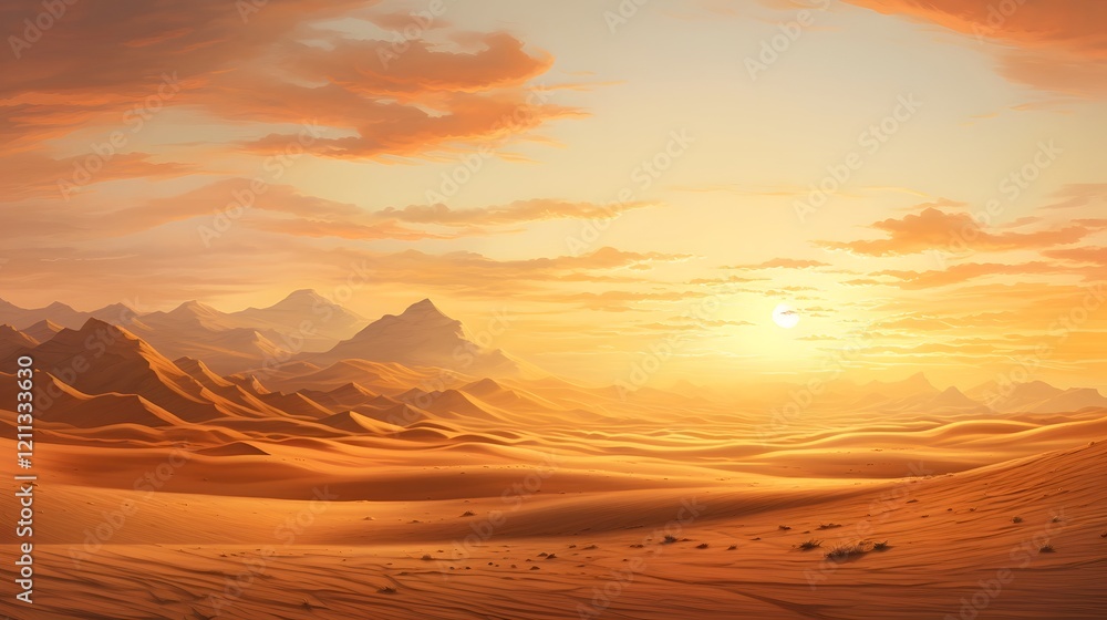 Stunning panoramic view of a serene desert landscape with towering sand dunes and a golden atmospheric sky at sunset or sunrise Tranquil minimalist and natural background perfect for travel Stunning panoramic view of a serene desert landscape with towering sand dunes and a golden atmospheric sky at sunset or sunrise Tranquil minimalist and natural background perfect for travel