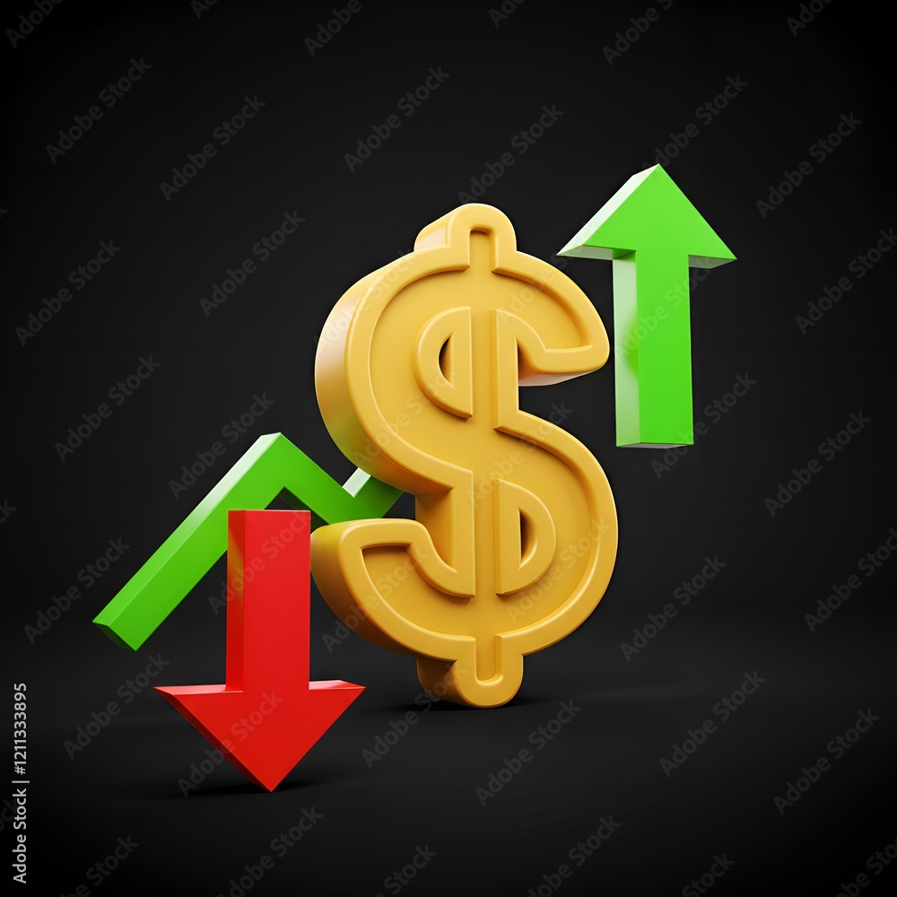 Obraz premium 3d dollar icon made have red arrow from upper to bottom side direction near the dollar icon, similarly green arrow from bottom to upper direction near the dollar icon