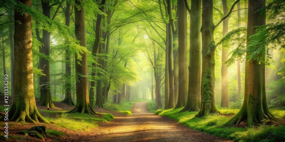 Obraz premium Sunlit Path Through a Verdant Forest of Tall Trees with Lush Undergrowth and a Gentle Curve