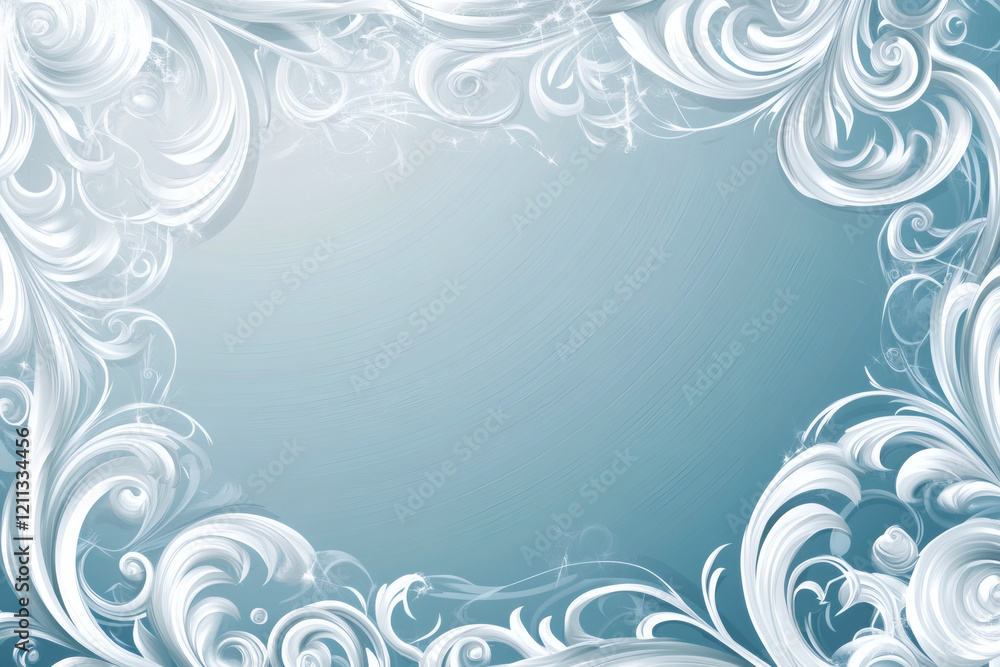 A swirling silver ornate frame on a blue background with a luminous icy and wintery design
A swirling silver ornate frame on a blue background with a luminous icy and wintery design