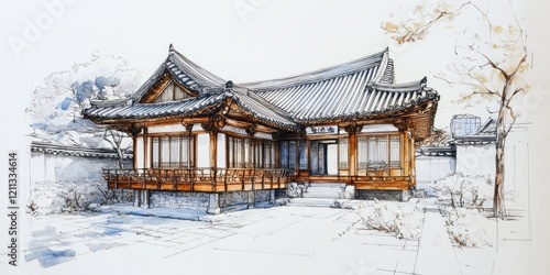 Wallpaper Mural Watercolor Painting of a Traditional Korean House Torontodigital.ca