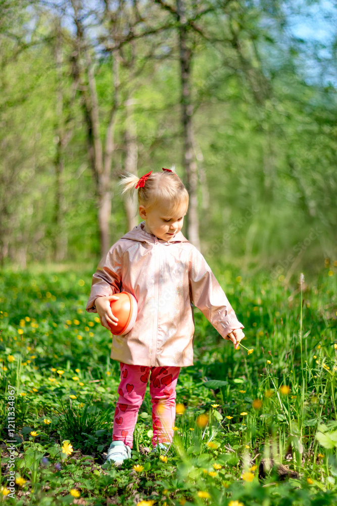 A little girl of 2-3 years old stays in the forest and enjoys nature. Background of a green forest. The girl holds tightly in her hand an orange jar in which she collects the flowers she likes.