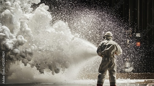 Foam firefighter concept. A firefighter in protective gear sprays water to control a large cloud of foam, combating fire hazards effectively.