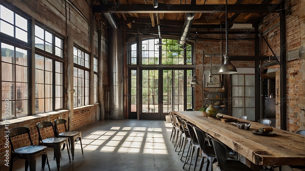Industrial dining space with exposed beams, a long rustic table, and metal chairs. Industrial dining space with exposed beams, a long rustic table, and metal chairs.