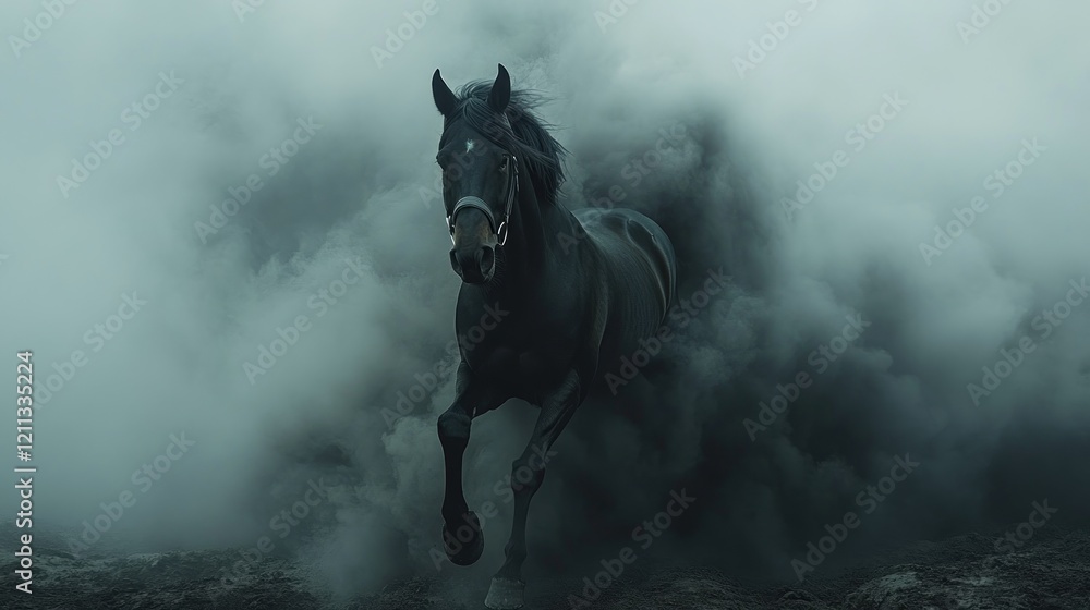 A powerful black horse gallops through a cloud of dust, creating a dramatic and dynamic scene. A powerful black horse gallops through a cloud of dust, creating a dramatic and dynamic scene.