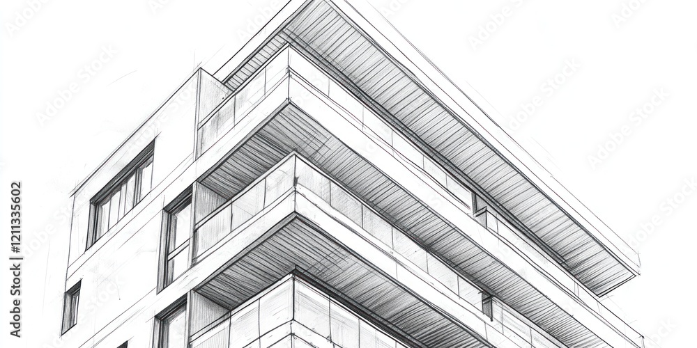 Architectural Sketch Of Modern Building Design With Balconies Architectural Sketch Of Modern Building Design With Balconies