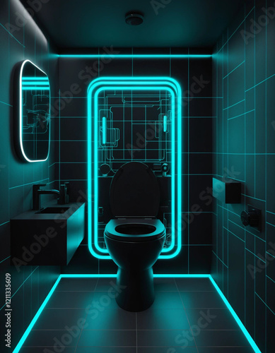 modern sci-fi bathroom with futuristic toilet bowl neon lights generative AI
 photo