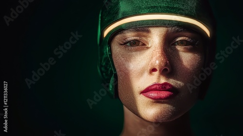 Futuristic Woman  Green Helmet  Illuminated  AI Art  Portrait photo