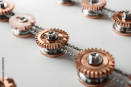 Interconnected Mechanical Gears and Pulleys Showcasing Motion and Force Distribution in Engineered System photo