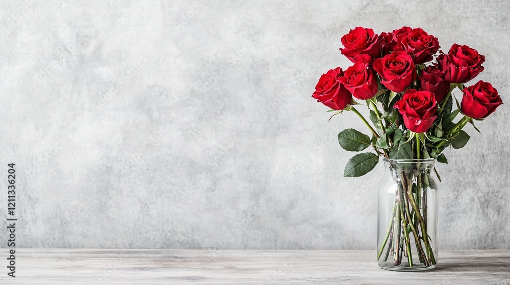 Fototapeta premium Elegant Red Roses in a Glass Vase on a Soft Grey Background
