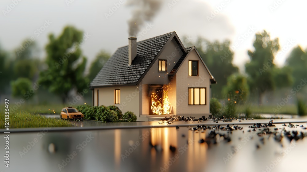 fire security Concept. A cozy house with glowing windows and smoke rising from the chimney, set in a serene landscape, reflecting tranquility and warmth. fire security Concept. A cozy house with glowing windows and smoke rising from the chimney, set in a serene landscape, reflecting tranquility and warmth.