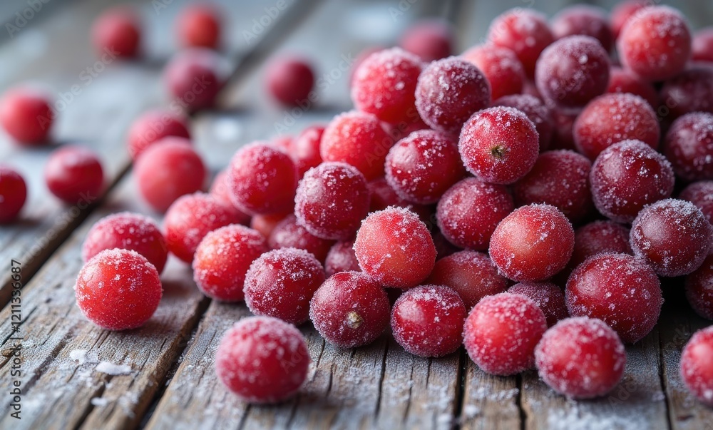 Frozen red berries on a rustic wooden surface Frozen red berries on a rustic wooden surface