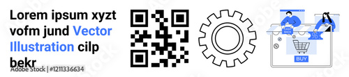 QR code next to text, gear icon, and team collaboration for online shopping interface with buy button. Ideal for tech, digital marketing, e-commerce, teamwork, web design, efficiency innovation