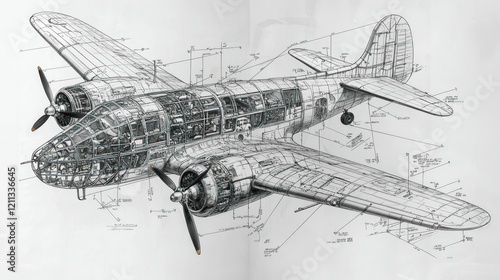 Detailed Airplane Blueprint: A Technical Drawing of a Vintage Aircraft's Internal Structure
