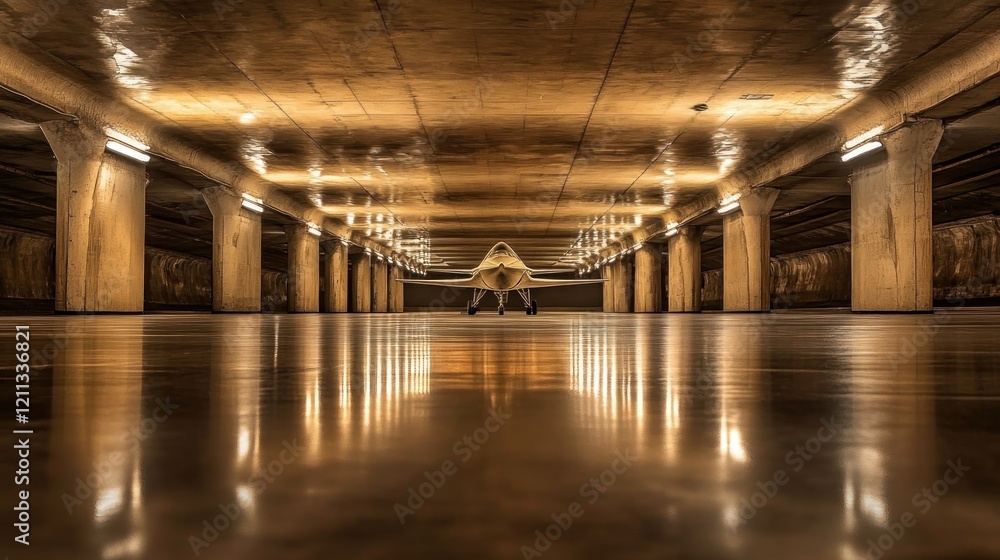 A sleek aircraft positioned in a spacious underground parking area with reflective surfaces. A sleek aircraft positioned in a spacious underground parking area with reflective surfaces.
