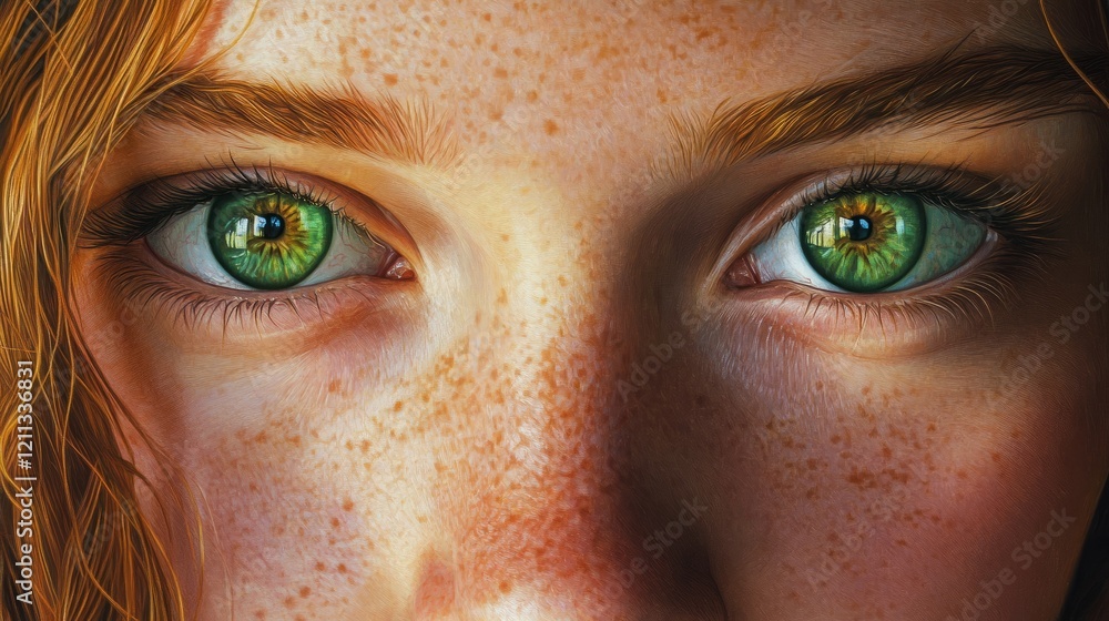 Naklejka premium A freckled woman's close-up portrait, her captivating green eyes lit by gentle, warm natural light, revealing the depth and warmth in her gaze